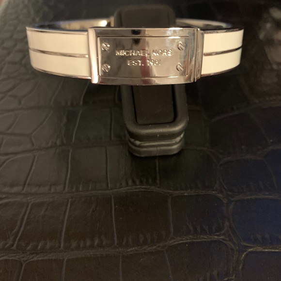 NWT - Michael Kors Silver-White Logo Bangle Bracelet - Picture 2 of 9